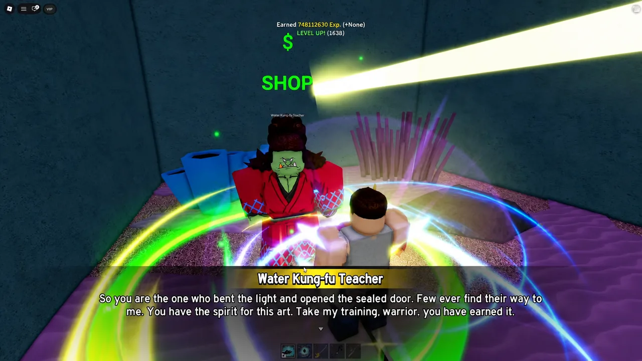 Water Kung-fu Teacher dialogue box offering training inside the opened room