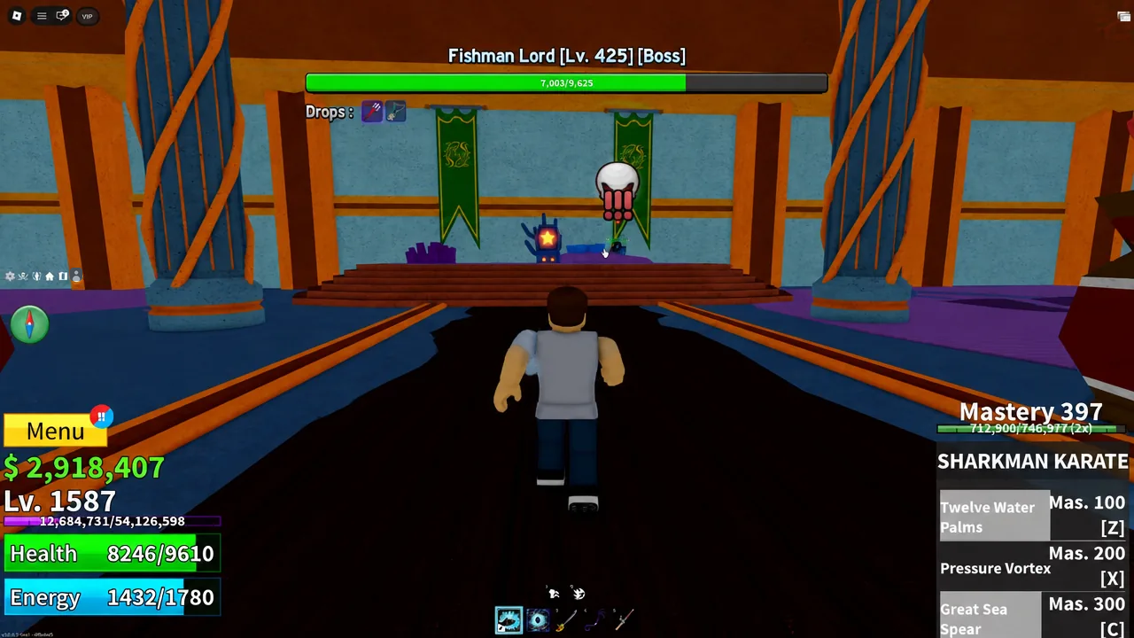 Fishman Lord level 425 boss health bar shown as the player closes in for the fight