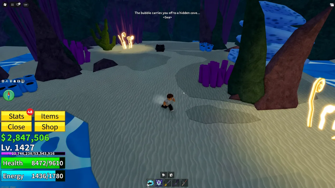 Player floating toward a golden marker as an on-screen message says a bubble is carrying them to a hidden cove