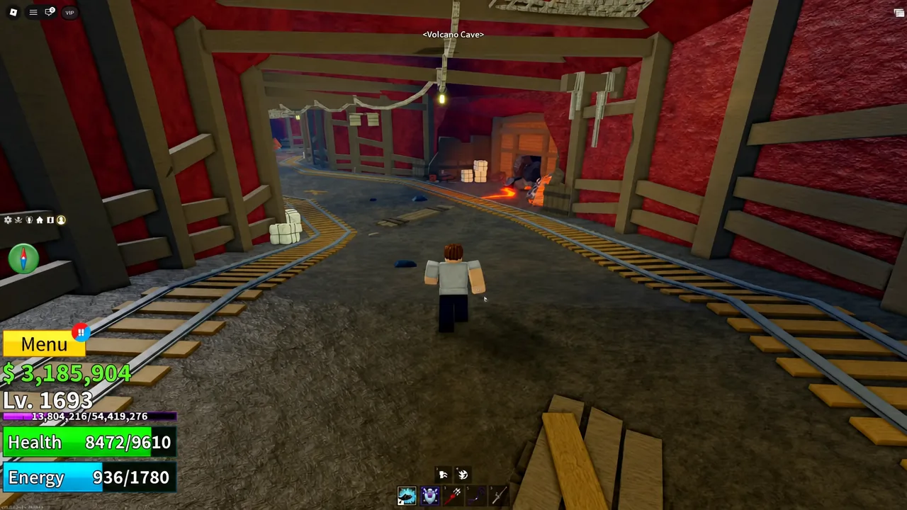 Player running along the mine tracks inside Volcano Cave beneath Magma Village