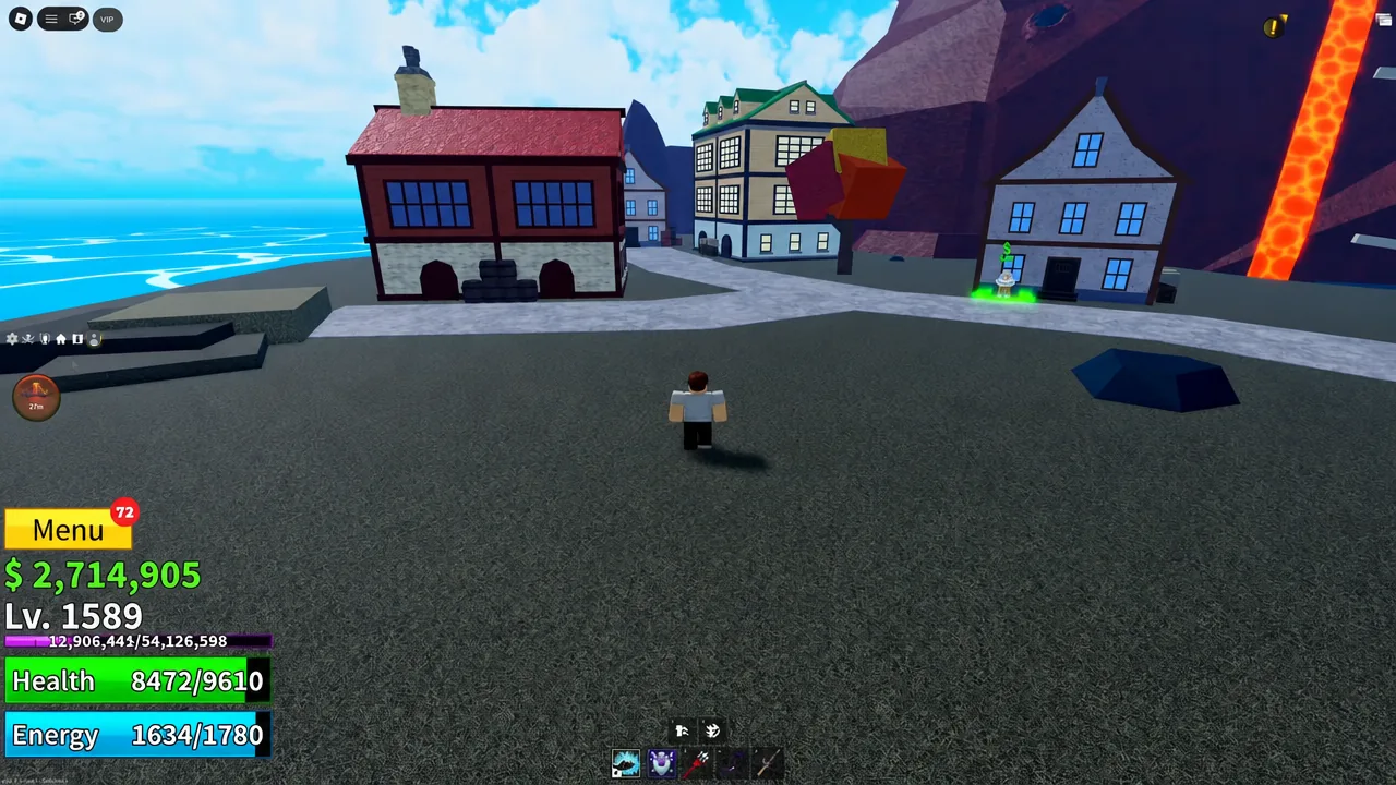 Player standing in front of the Magma Village quest NPC beside a house near the docks