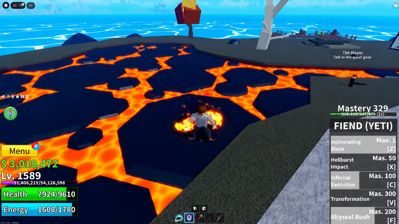 Player firing a Fiend ability while standing on the lava during the Magma Elemental fight