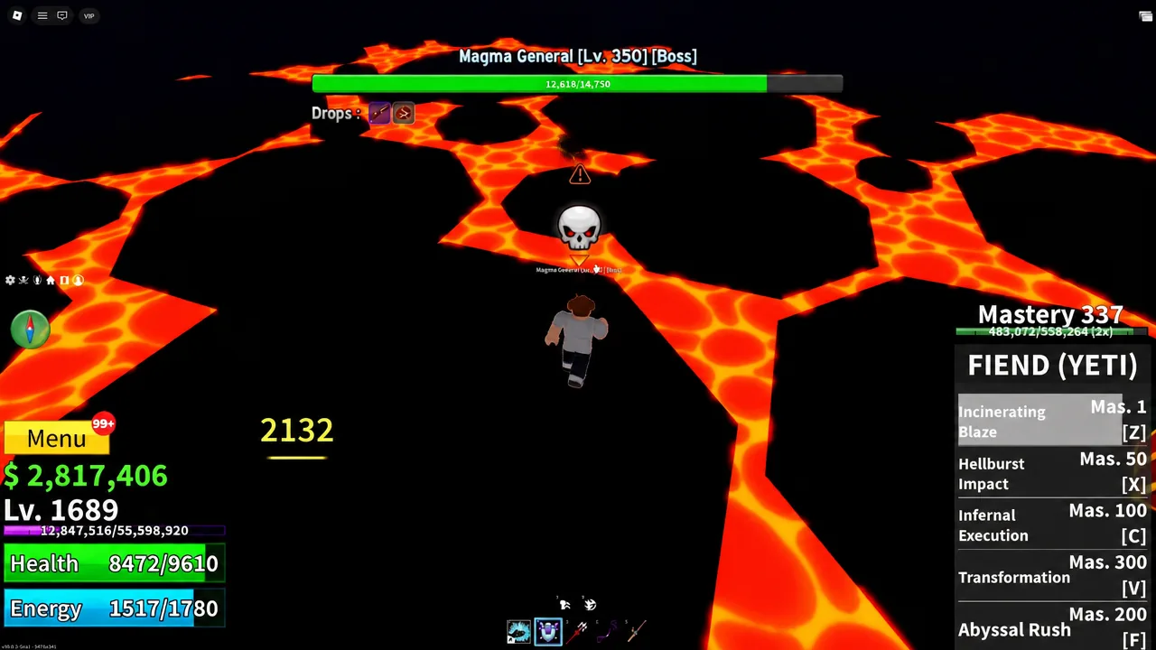 Magma General boss fight inside the volcano crater with a Fiend ability highlighted on the hotbar
