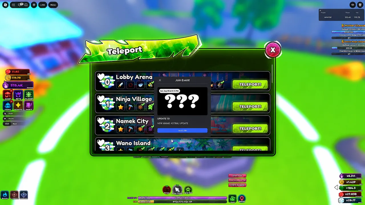 Teleport menu showing a Join Event popup with a Notify Me button ready to select
