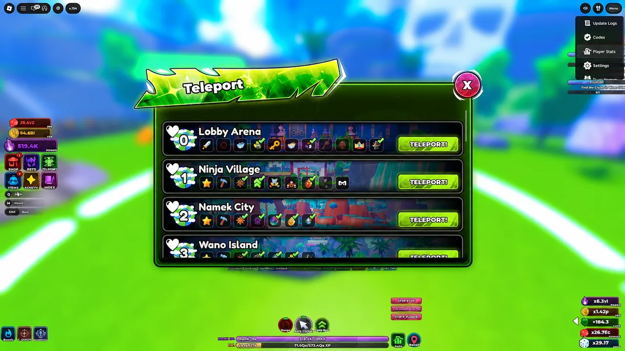 Teleport screen listing Lobby Arena, Ninja Village, Namek City, and Wano Island with Teleport buttons