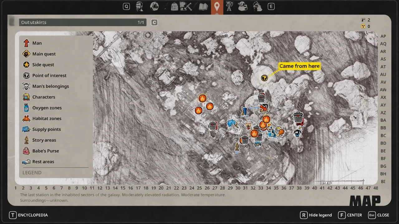 Outskirts map screen highlighting the Came from here point-of-interest marker