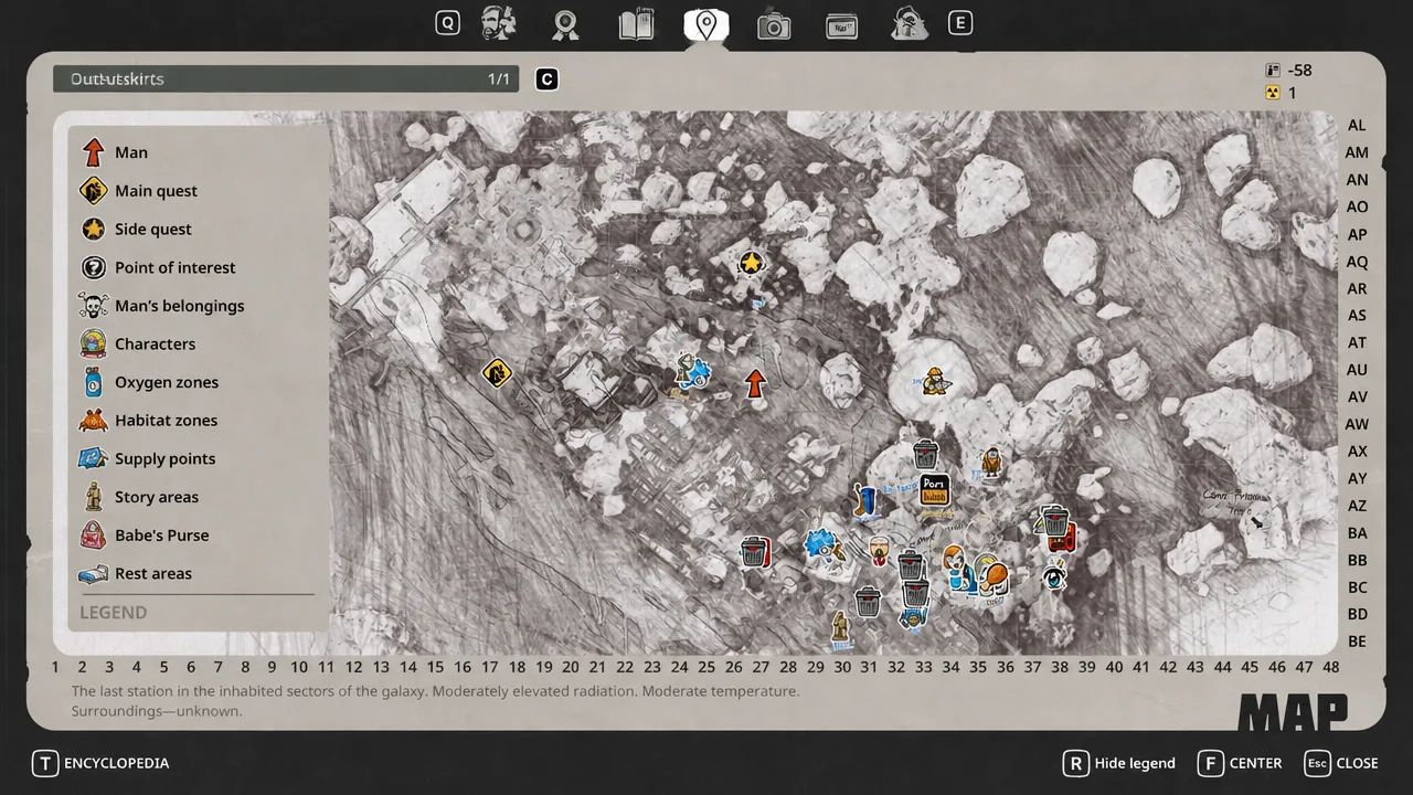 Breathedge 2 map screen open on the Outskirts region with its marked locations