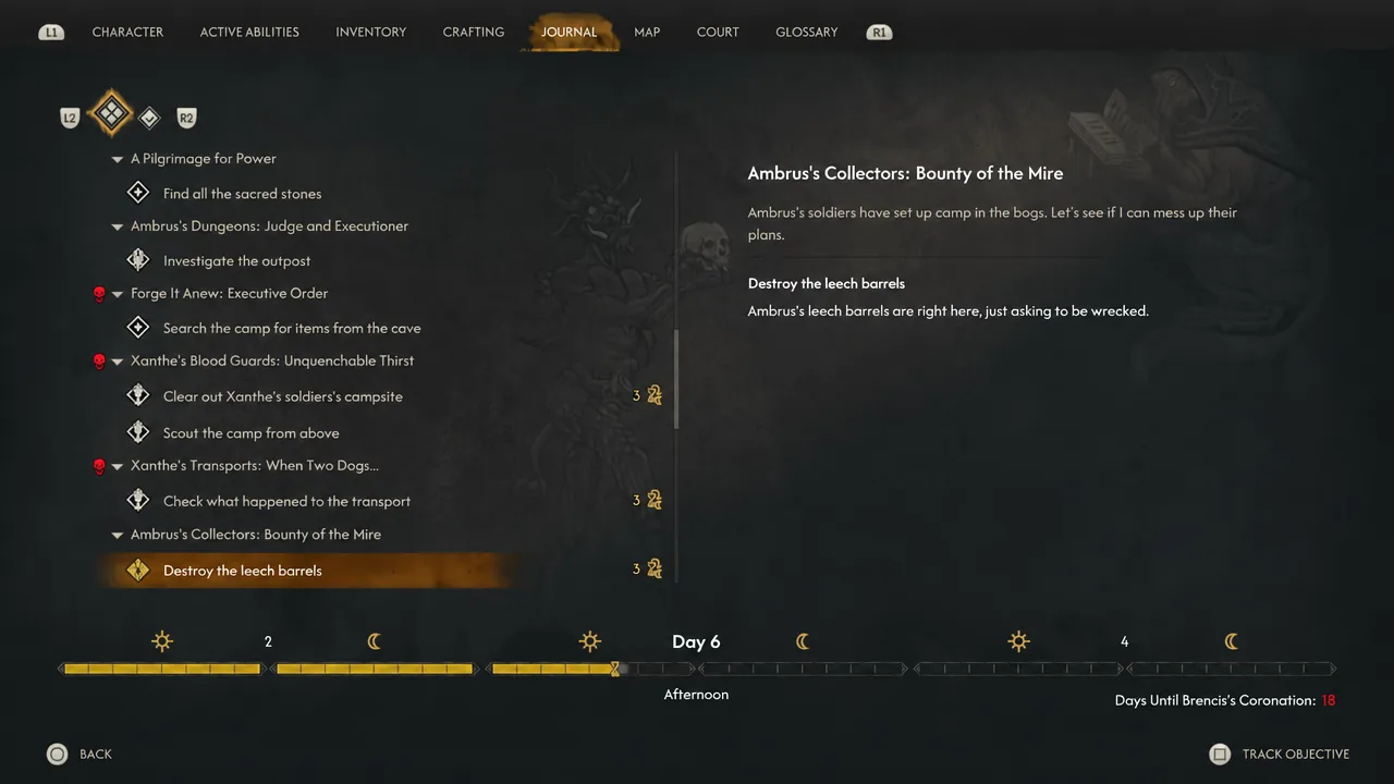 Journal entry for Bounty of the Mire showing the objective to destroy the leech barrels