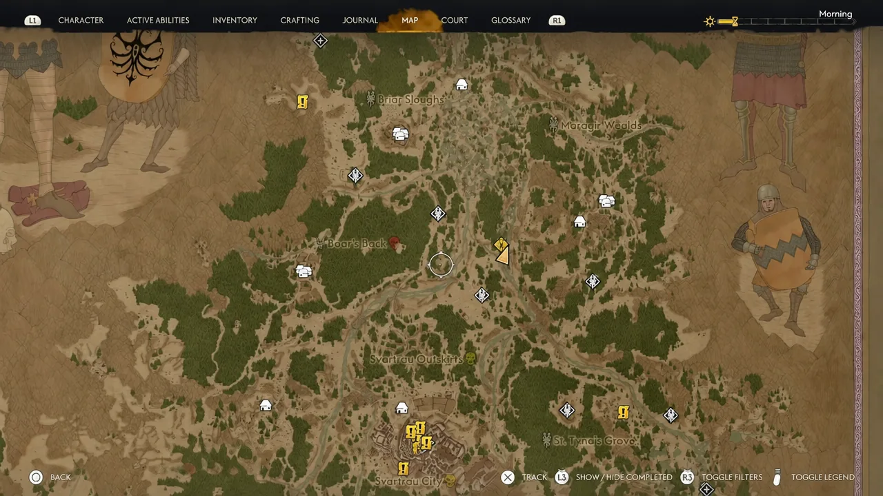Map cursor positioned near Boar's Back while looking for a nearby camp marker