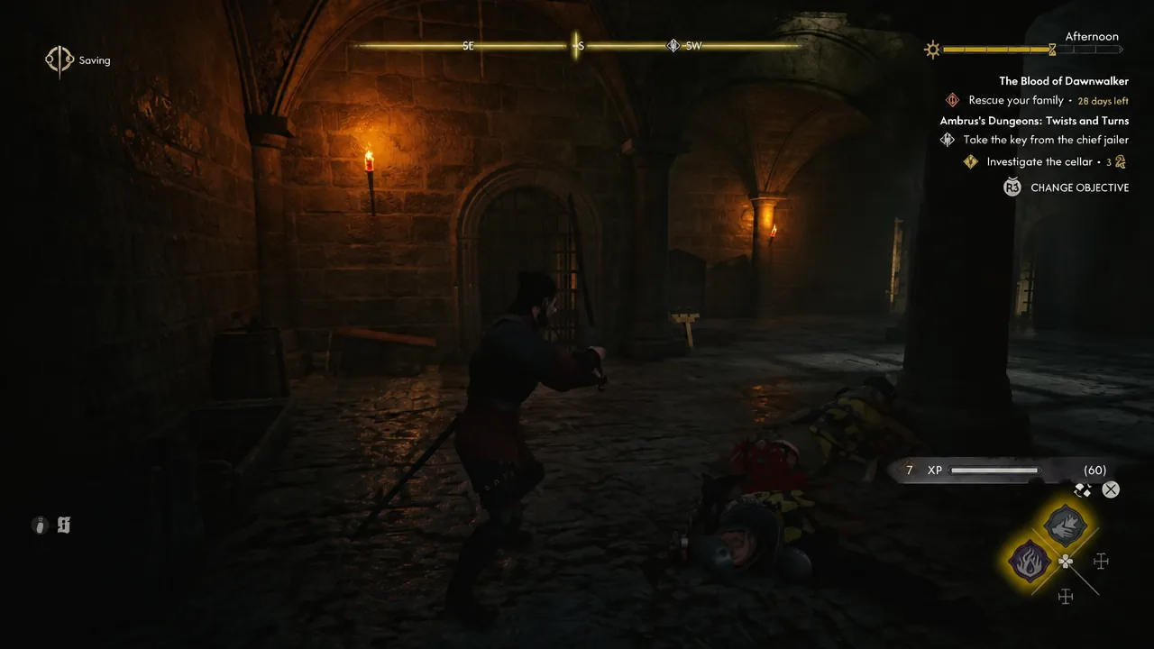 Quest tracker showing Investigate the cellar during a fight with a dungeon guard