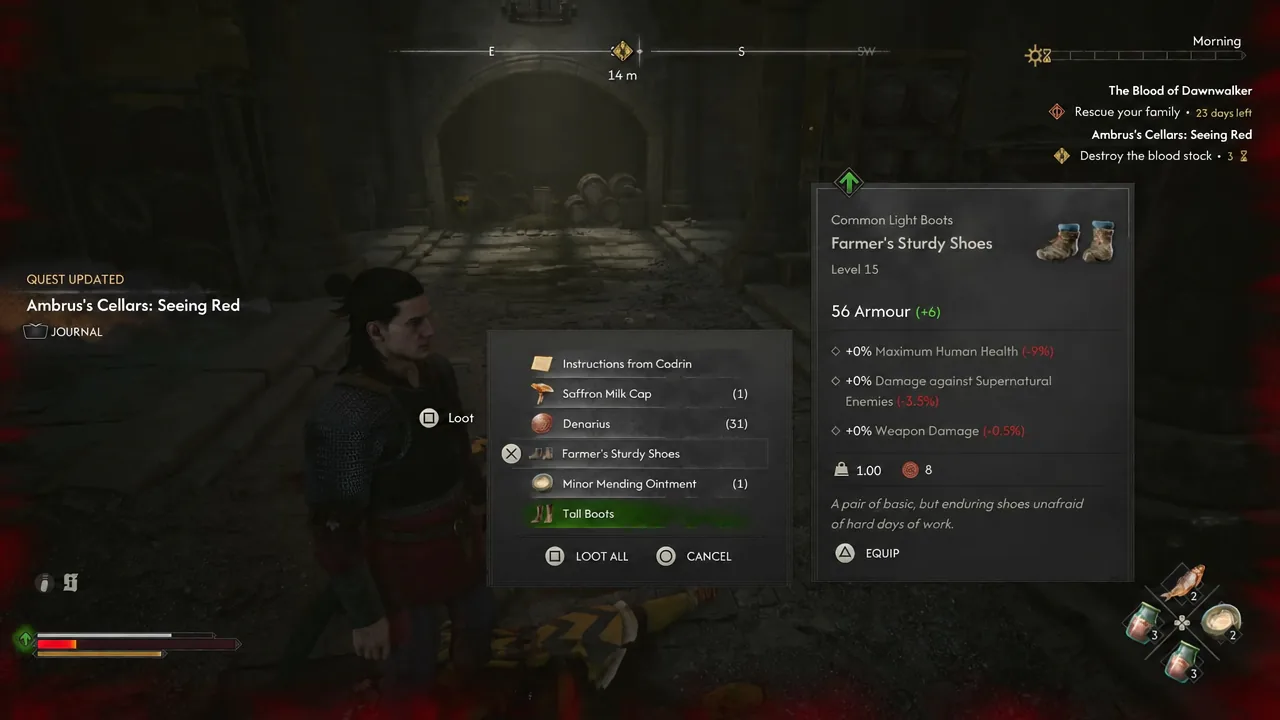 Loot menu with Farmer's Sturdy Shoes selected, showing its stats and the equip prompt