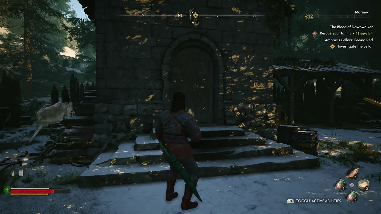 Quest HUD showing Ambrus's Cellars: Seeing Red and the Investigate the cellar objective at a cellar door