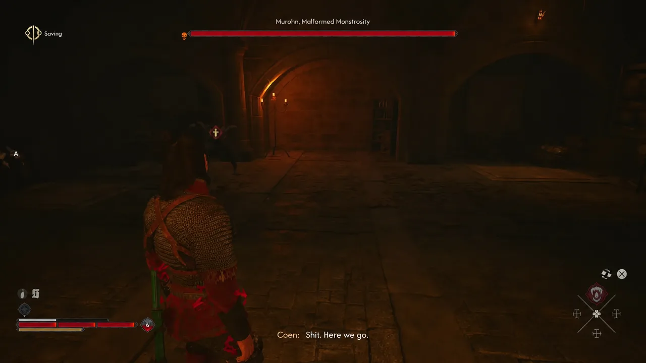 Coen fights Murohn, Malformed Monstrosity in a dark cellar corridor with the boss health bar on screen