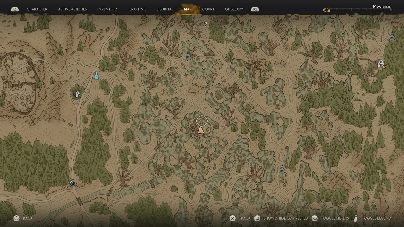 Map screen with the Briar Slough objective marker selected before tracking the leech camp