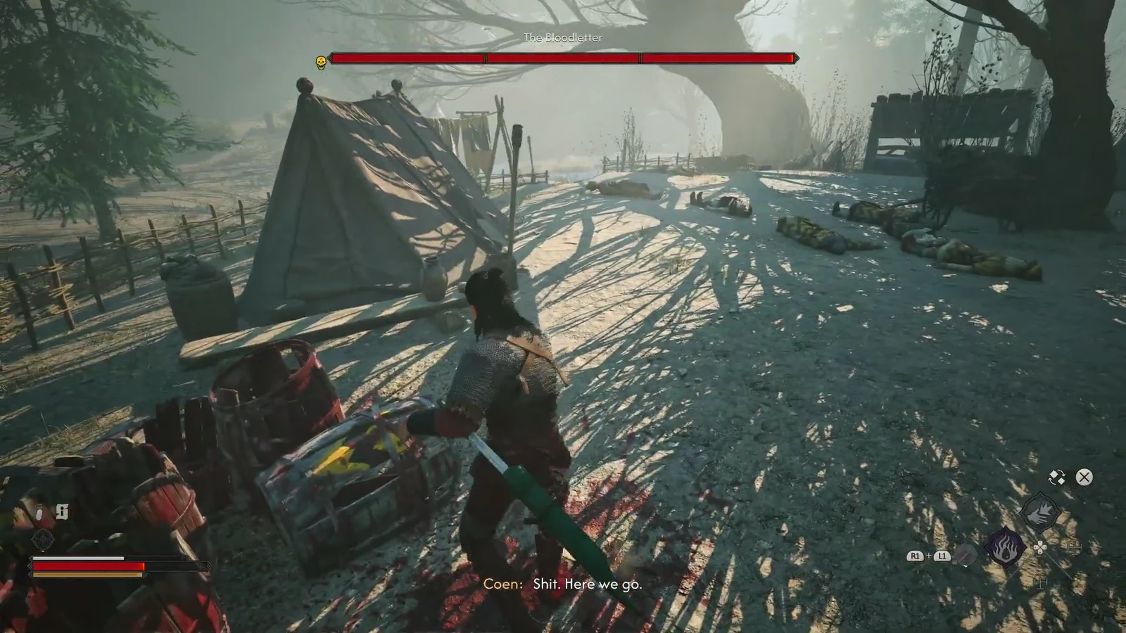The Bloodletter boss health bar appearing as Coen faces him in the camp
