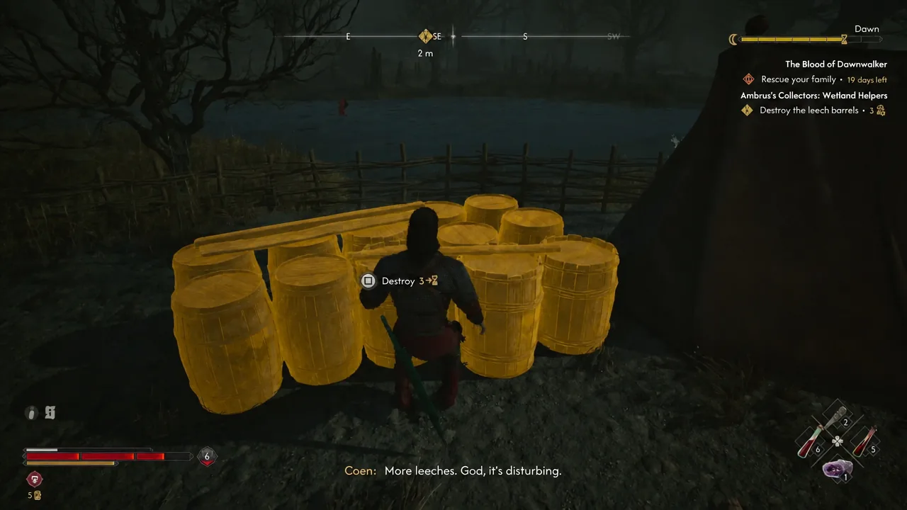 Destroy prompt appearing on the highlighted leech barrels during Wetland Helpers
