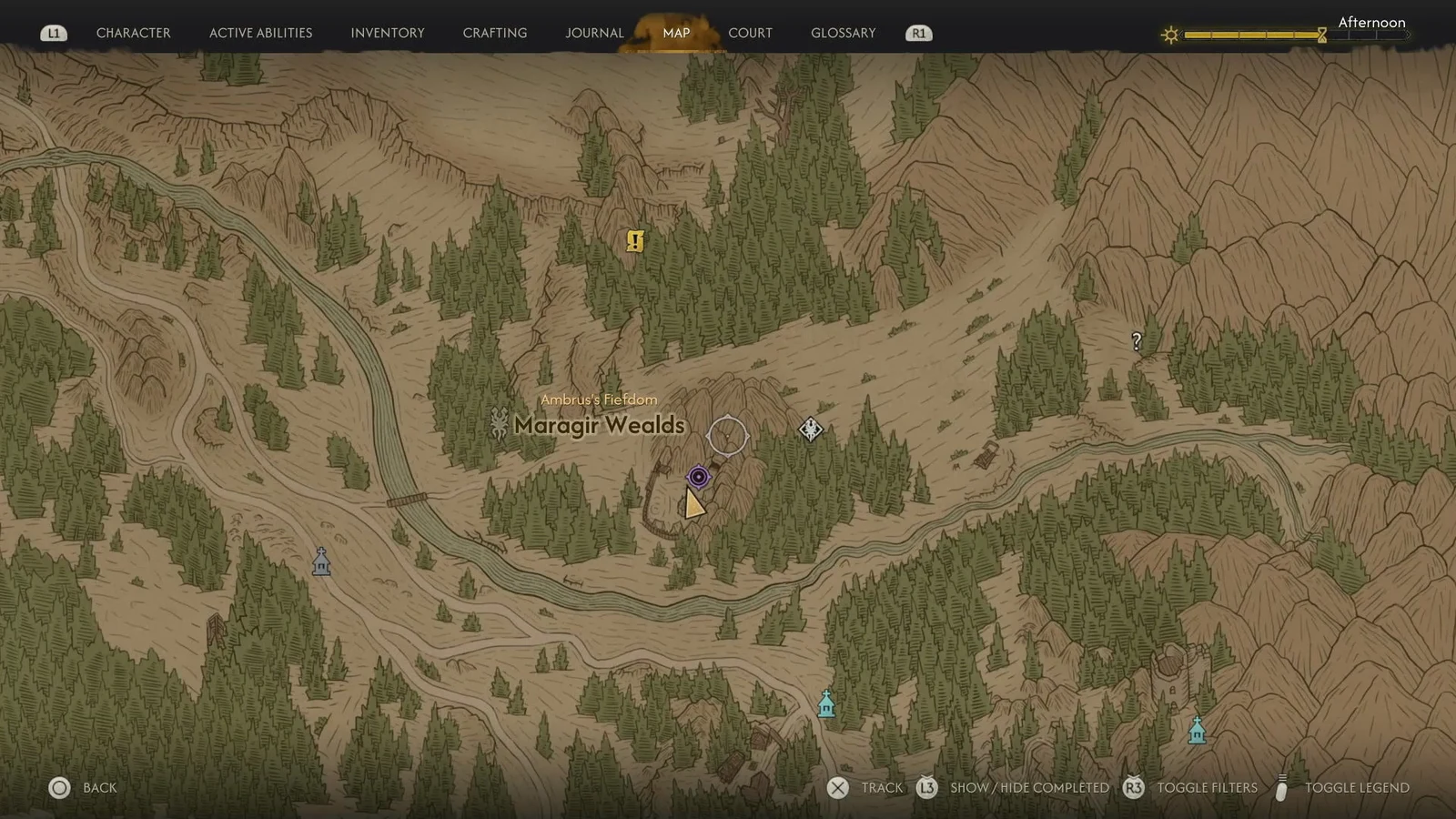 Map screen centered on Maragir Wealds in Ambrus's Fiefdom with the player marker selected