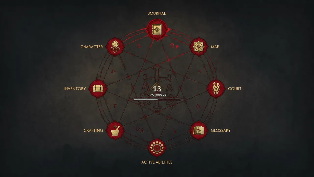 Radial menu open in The Blood of Dawnwalker with the Journal option highlighted at the top