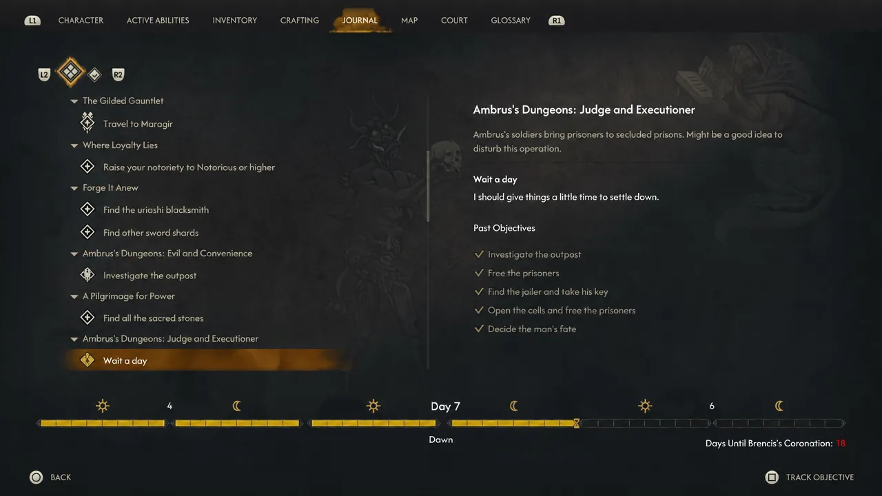 Journal entry for Ambrus's Dungeons: Judge and Executioner showing the Wait a day objective