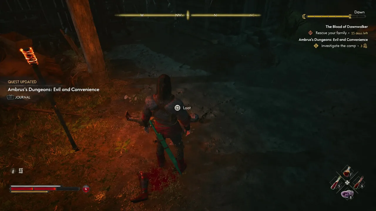 Loot prompt on a defeated enemy with an Evil and Convenience quest update on the HUD