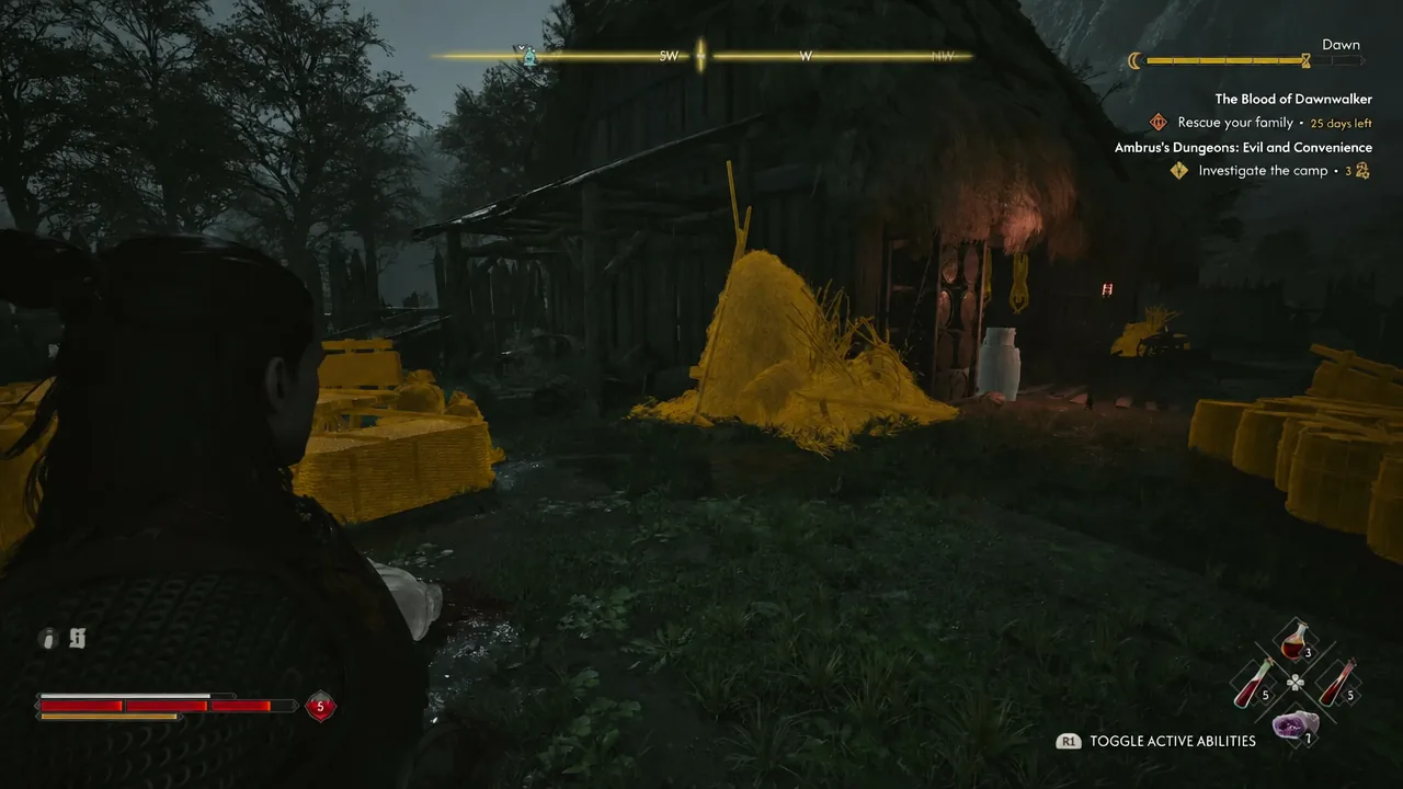 Focus Mode active in the camp, with yellow-highlighted evidence objects around Coen