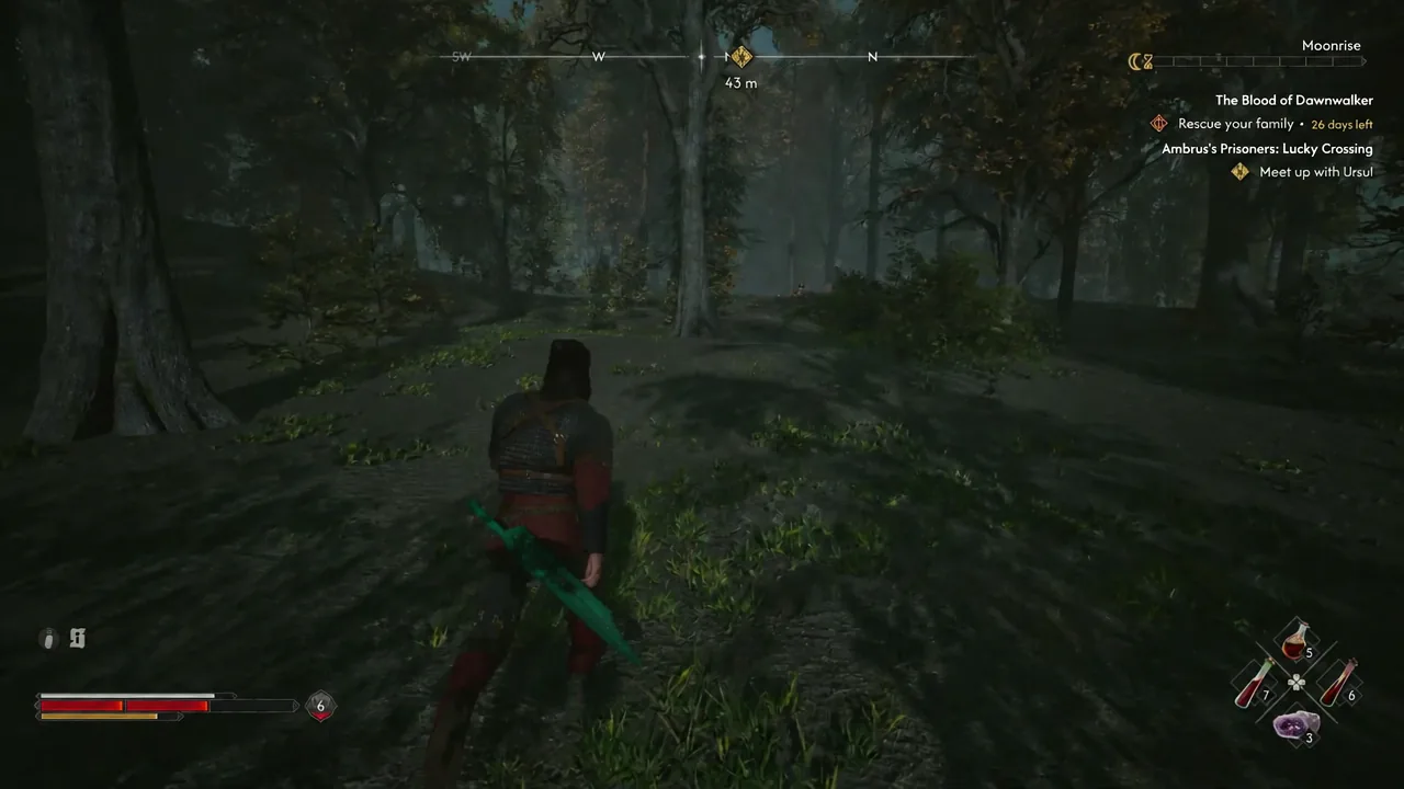 Player moving through the Svartrau Outskirts forest at Moonrise toward the Meet up with Ursul marker