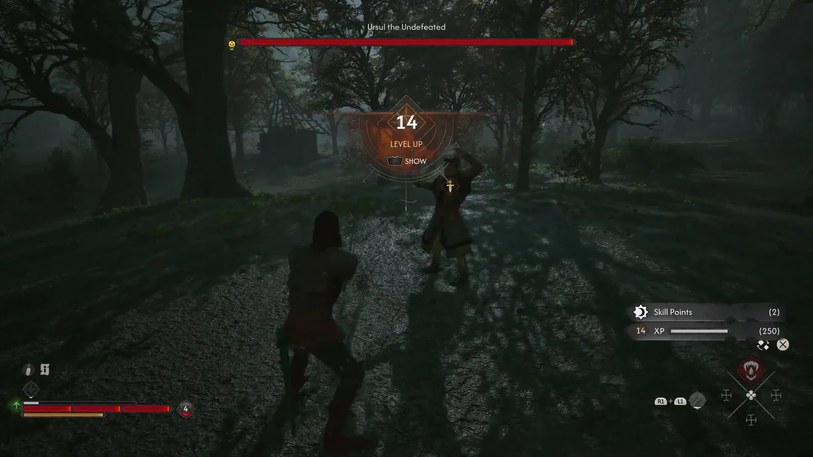Level 14 level-up notification with a SHOW prompt appearing during the duel with Ursul