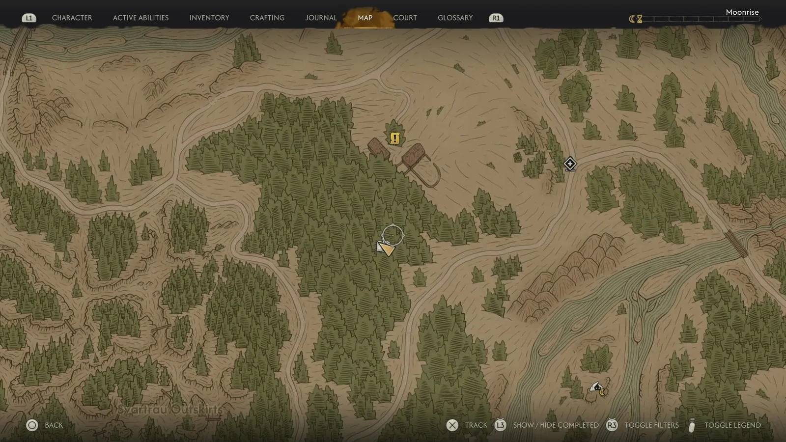 Map screen with the player marker in the forest and a yellow exclamation quest marker nearby
