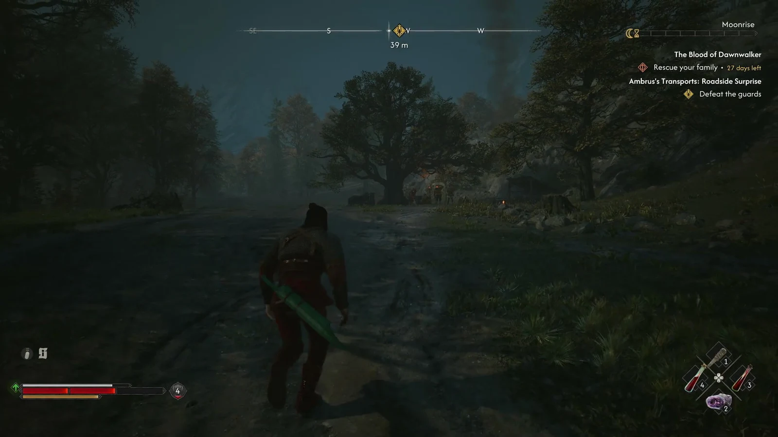 Coen moving up a forest road toward guards with the Defeat the guards objective tracked