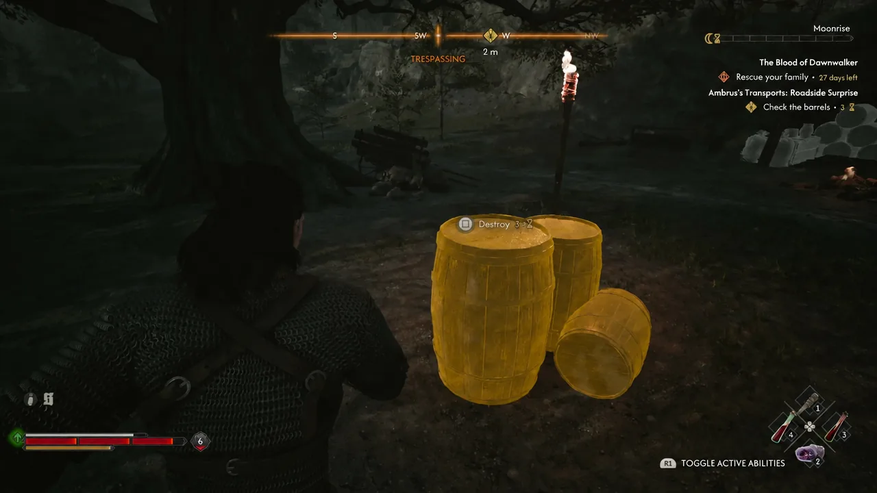 Highlighted cargo barrels showing the Destroy interaction prompt at the cleared camp