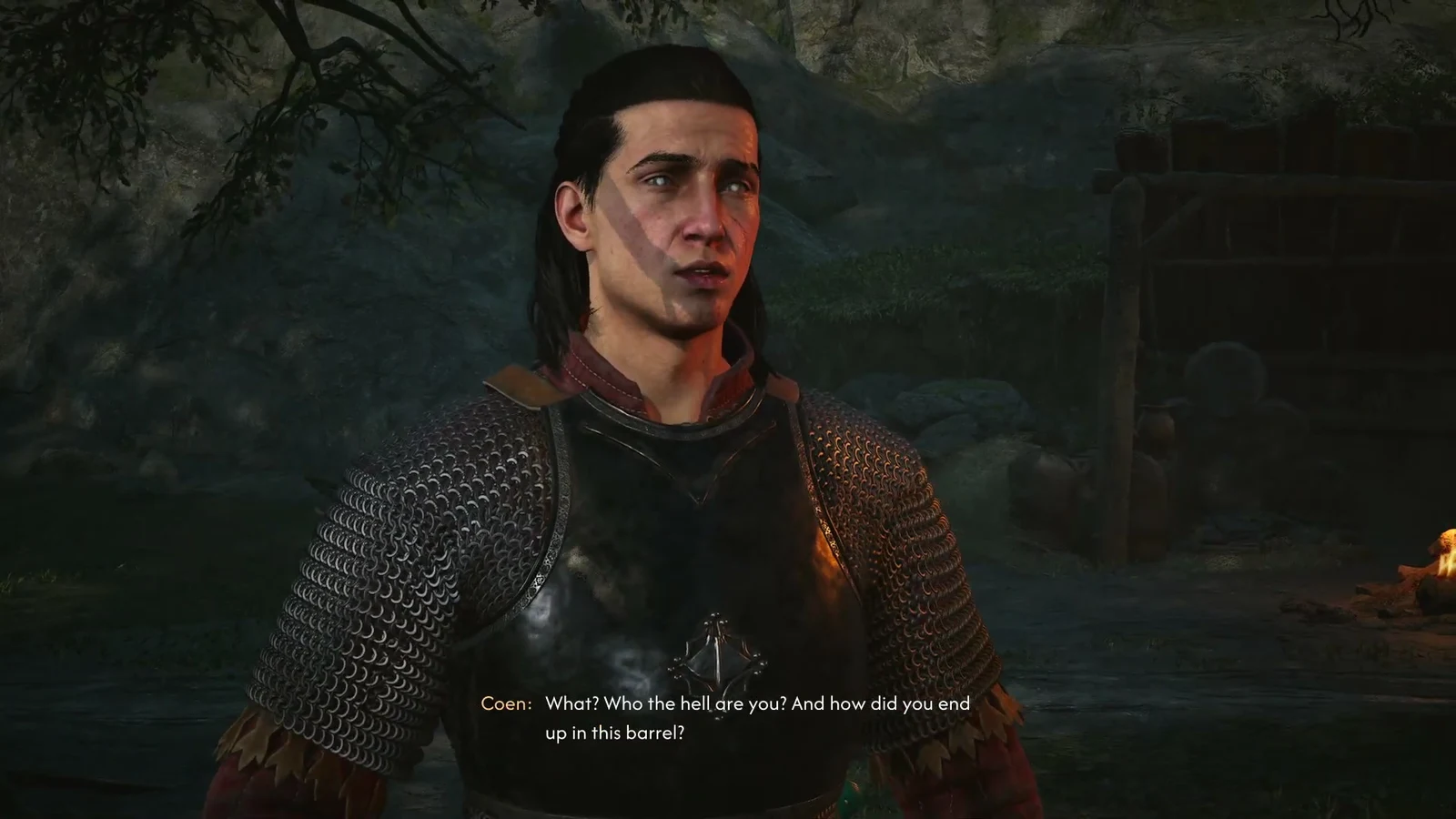 Coen in conversation with Klaus the Brave after finding him inside a cargo barrel