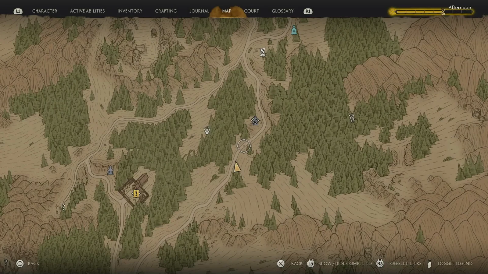 Map screen with the cursor on a forest road and the yellow player marker showing current position