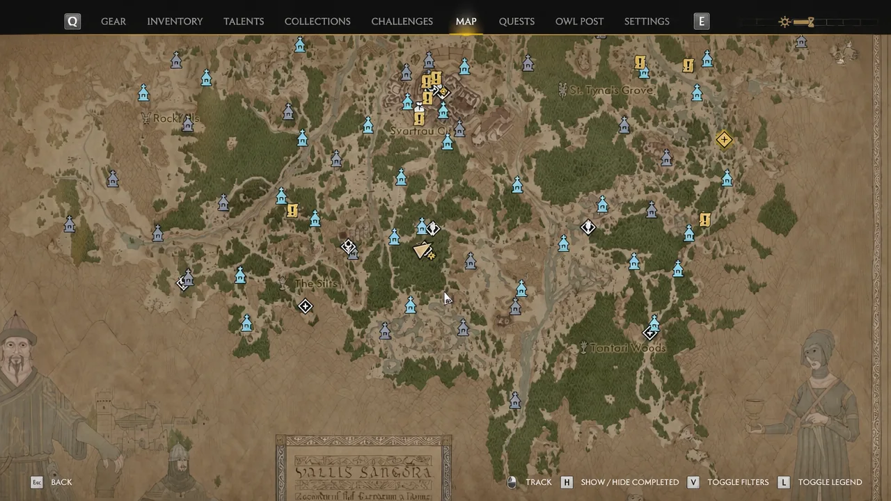 Map screen with the Silts Overgrowth circle marker visible in southern Vale Sangora
