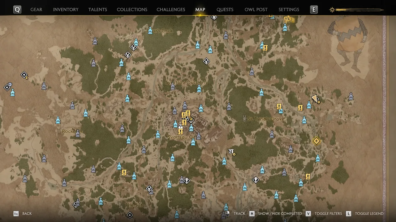 Map screen showing the St. Tyna's Grove ruins marker among nearby locations