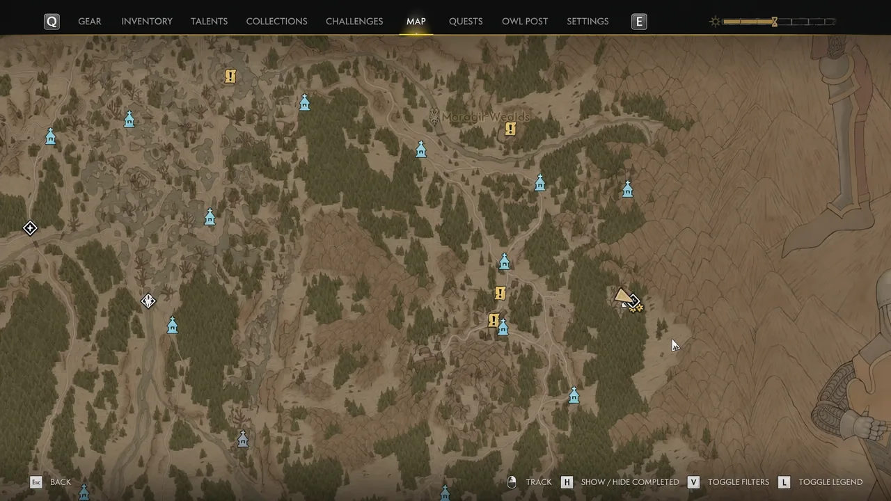 World map open on the MAP tab with the East of Maragir circle marker highlighted