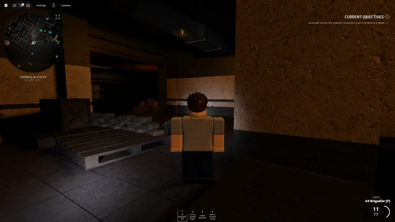 First-person view in Storage & Utility holding the A9 Brigadier with objectives listed on the HUD