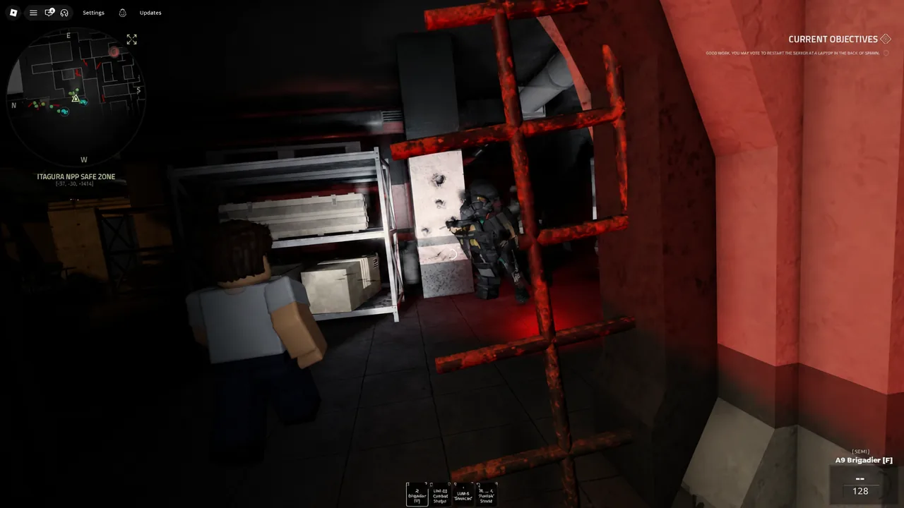 Player facing an A9 Brigadier while the current objectives panel shows the server restart task