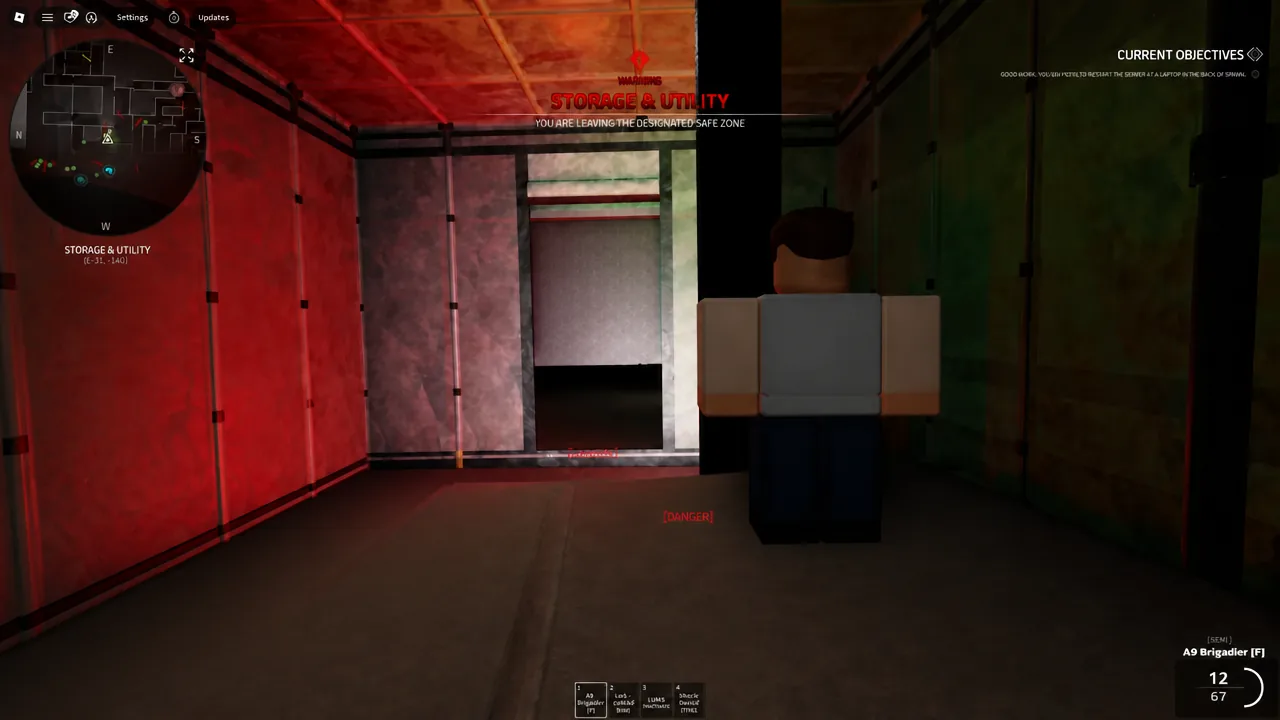 Player crossing out of the safe zone in Storage & Utility with a DANGER warning on screen