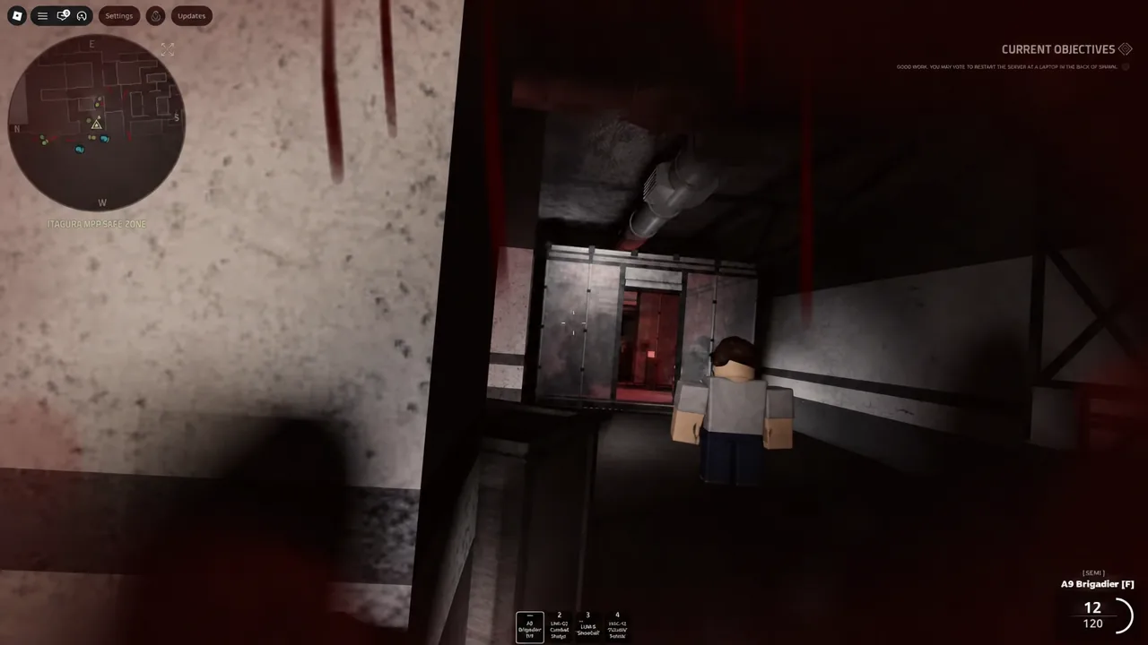 Player following a teammate down a corridor while the objectives HUD tracks the server restart