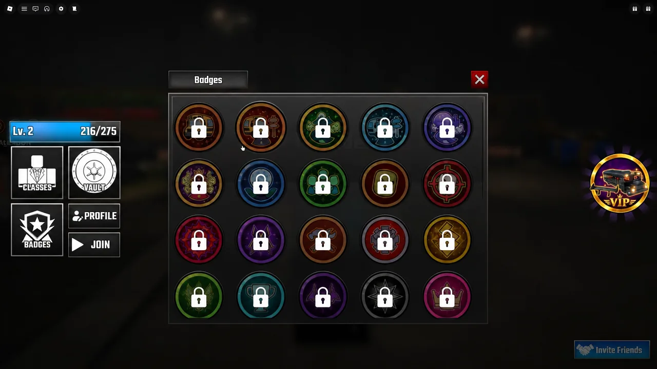 The Last Stop lobby Badges screen showing a grid of locked badge entries