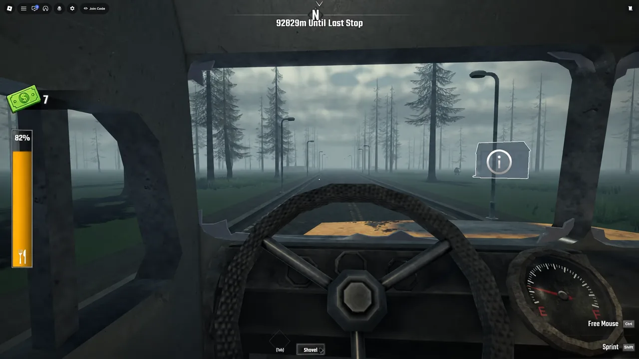 Driving HUD with the Shovel equipped while the bus heads toward the last stop