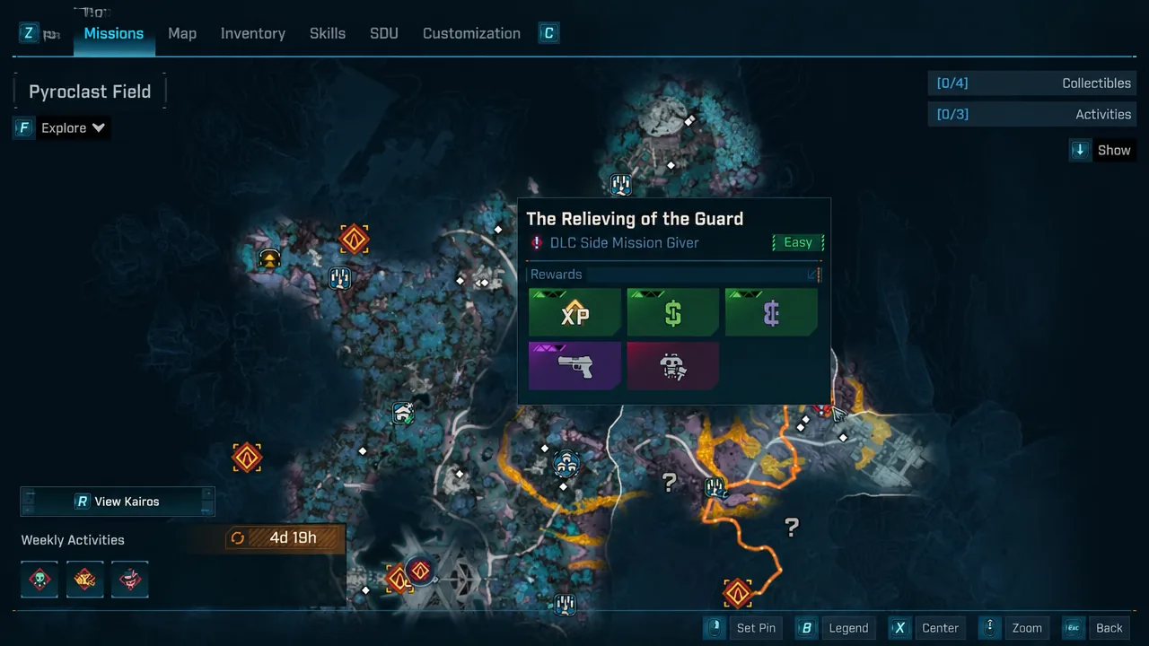 The Missions screen with The Relieving of the Guard selected, showing its DLC side mission details and rewards.
