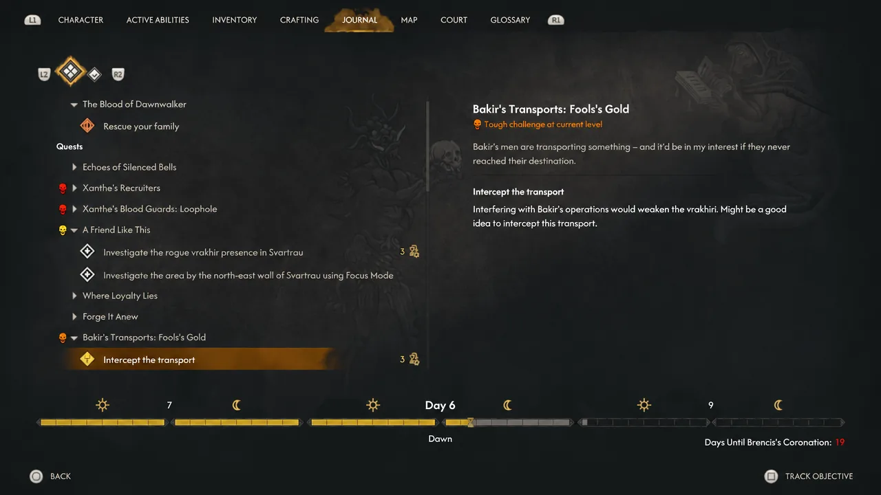 Journal entry for Bakir's Transports: Fool's Gold with the objective Intercept the transport highlighted.