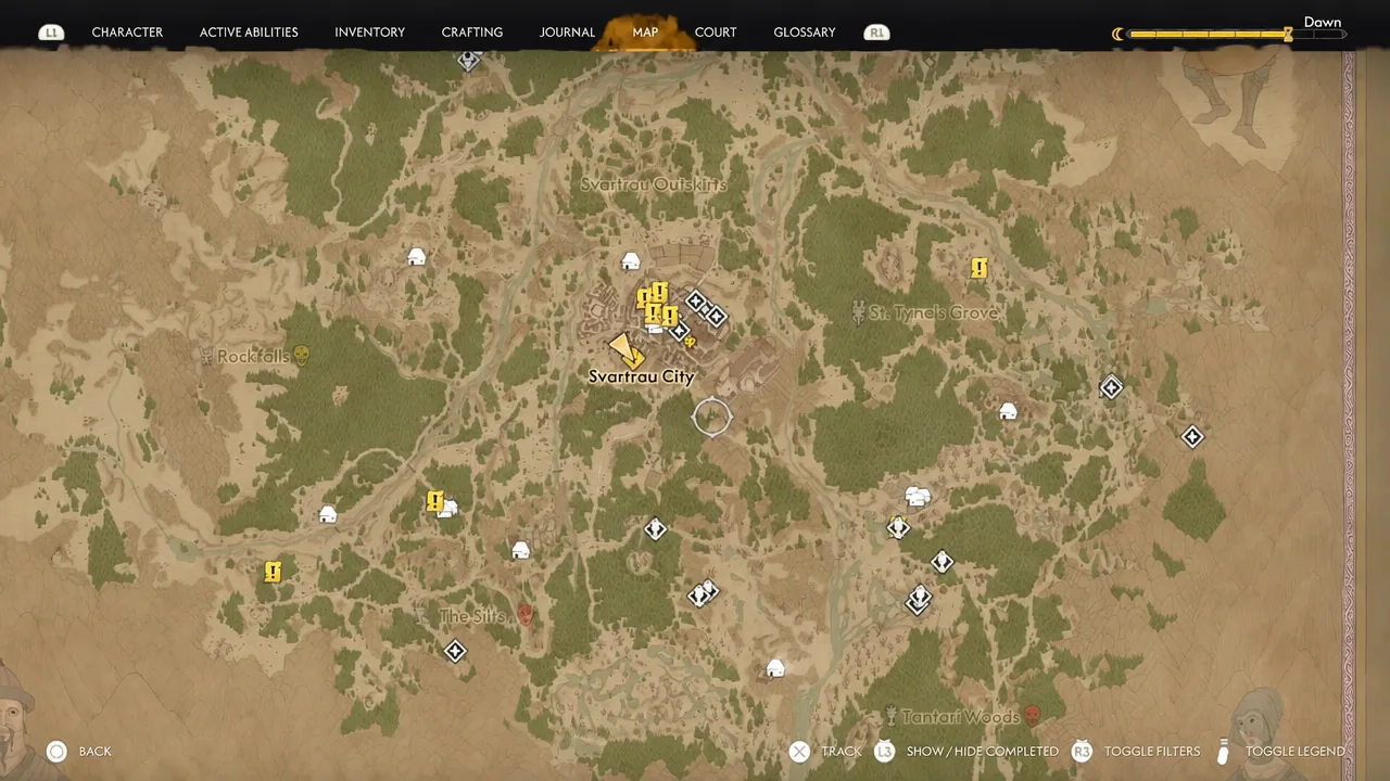 Map screen showing the Svartrau region with the player marker sitting close to Svartrau City.