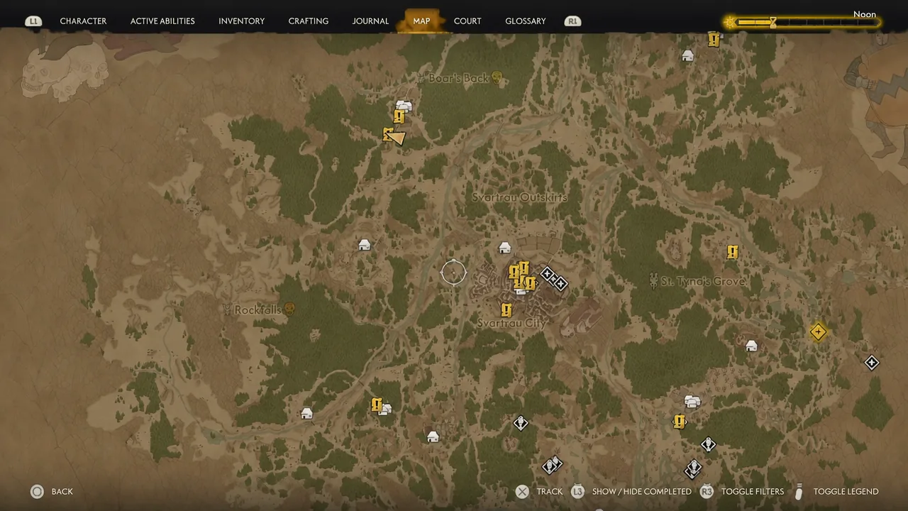 The MAP tab open on the regional map, showing quest and location markers across Vale Sangora.