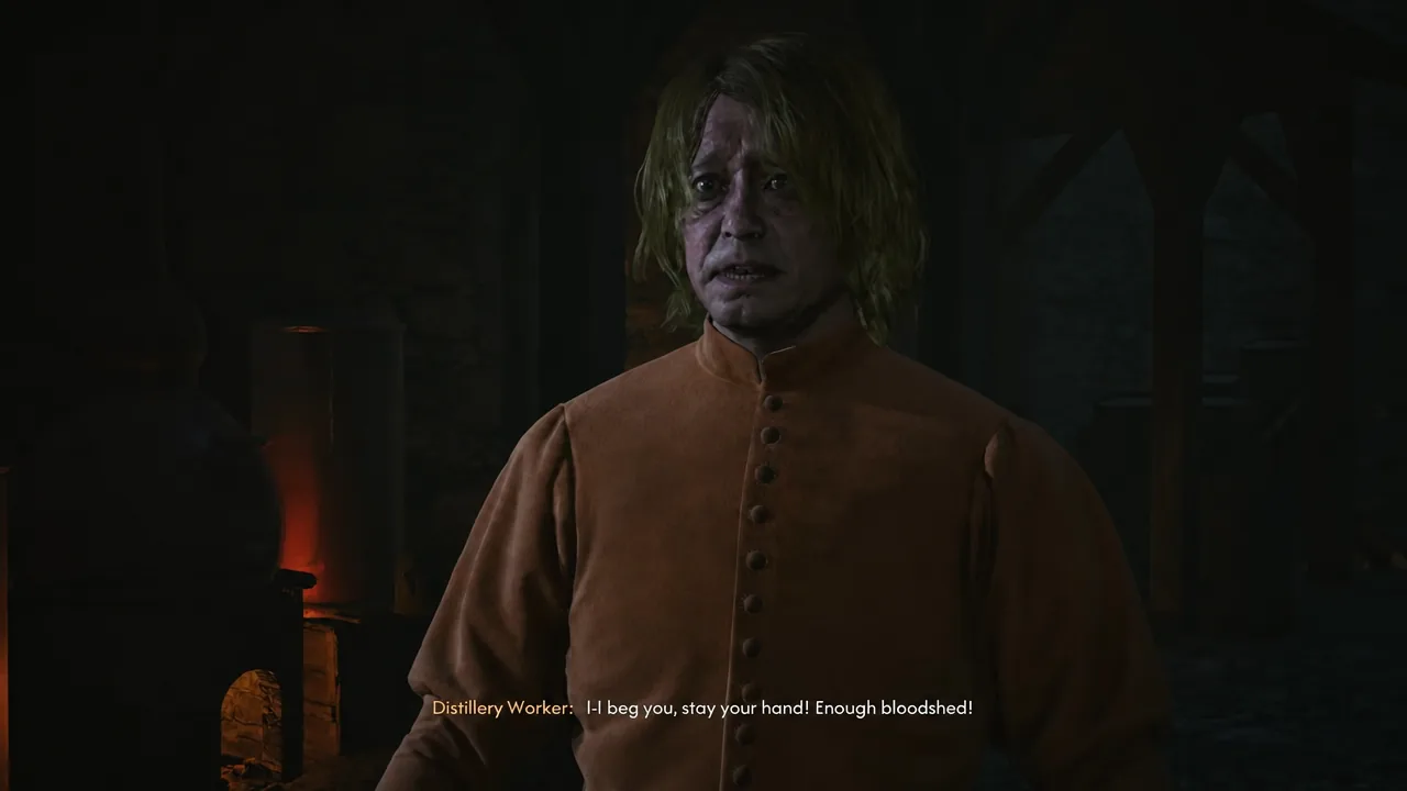 Distillery Worker begging Coen to stop the killing during the dialogue scene