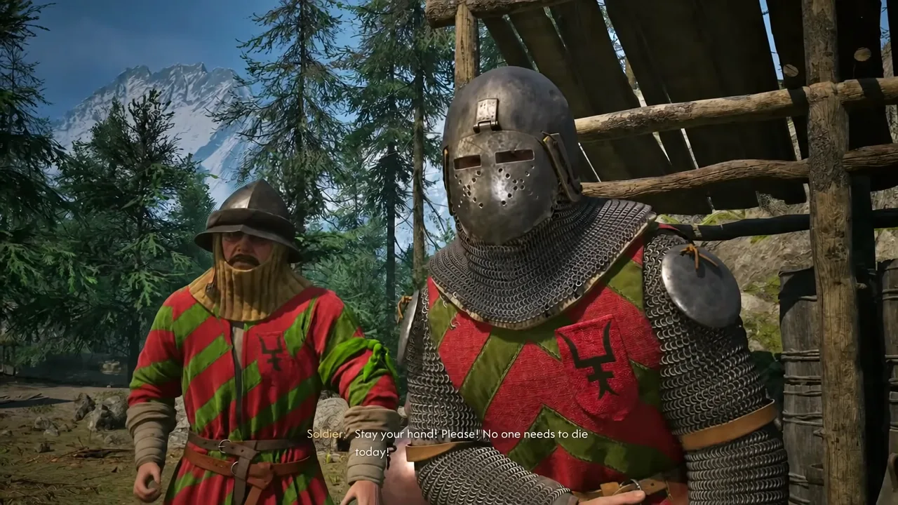 Soldier at the hidden distillery begging Coen to stop before offering a deal