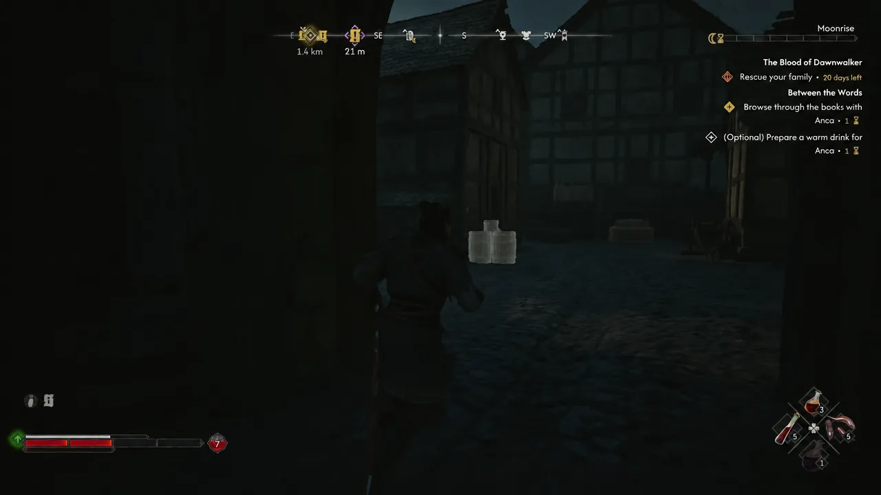 On-screen quest objective text while Coen explores a village at dusk