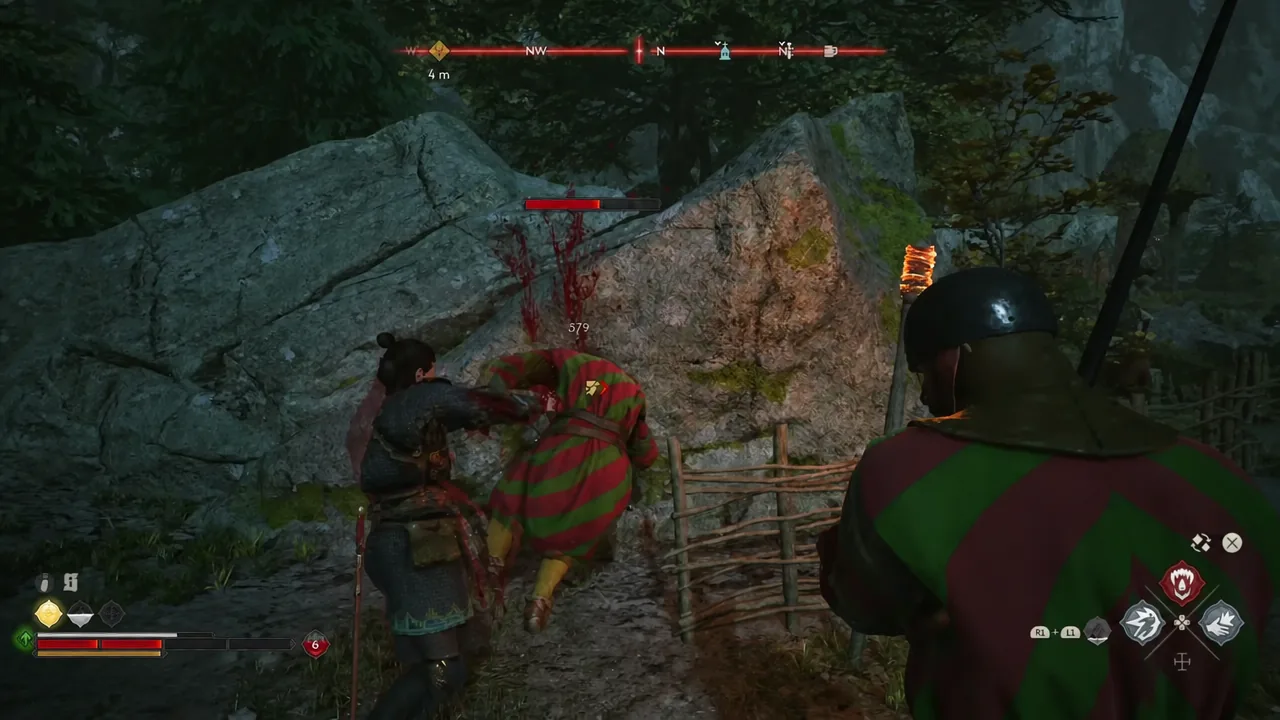 Coen mid-attack against a guard with the enemy health bar showing