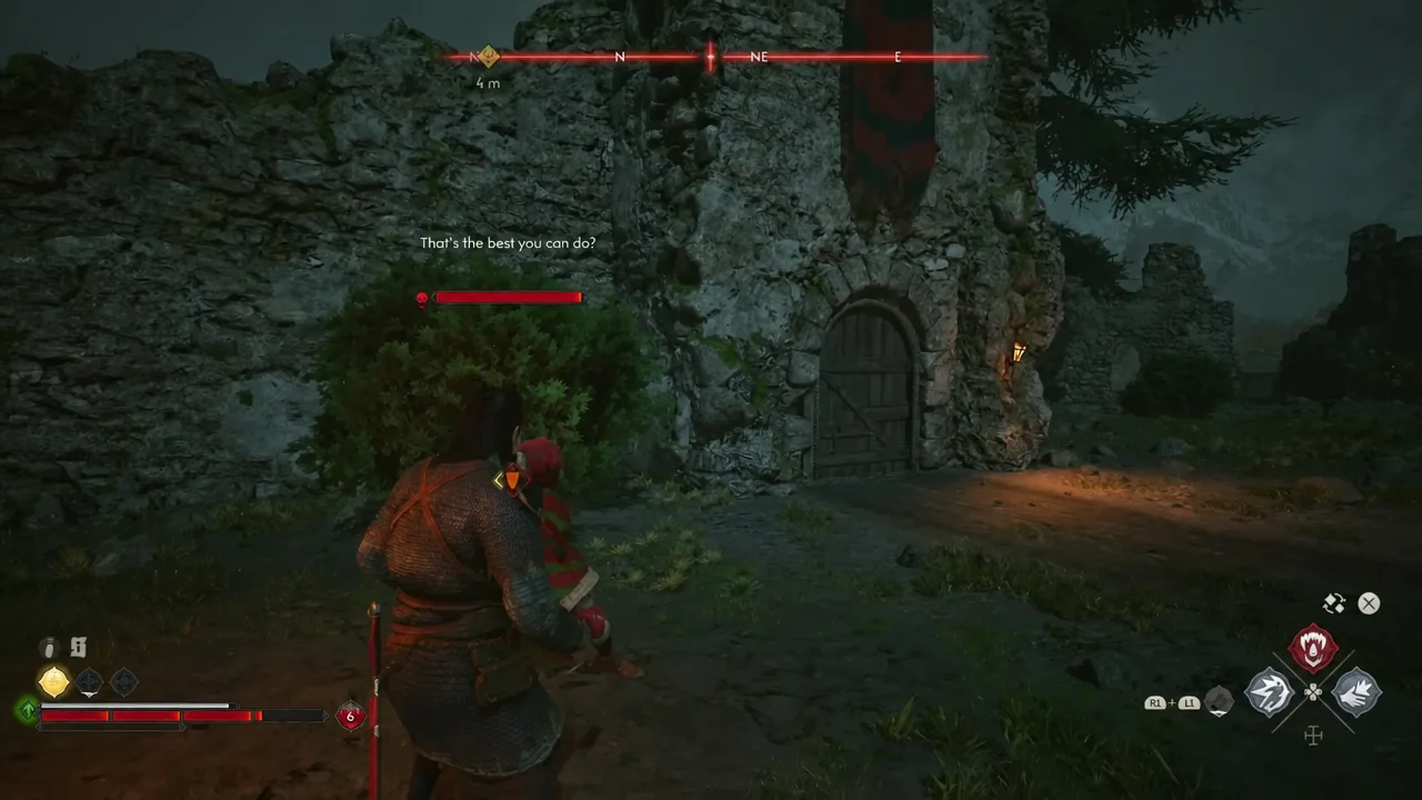 Coen striking a guard at close range outside the Lunar Manor pillory